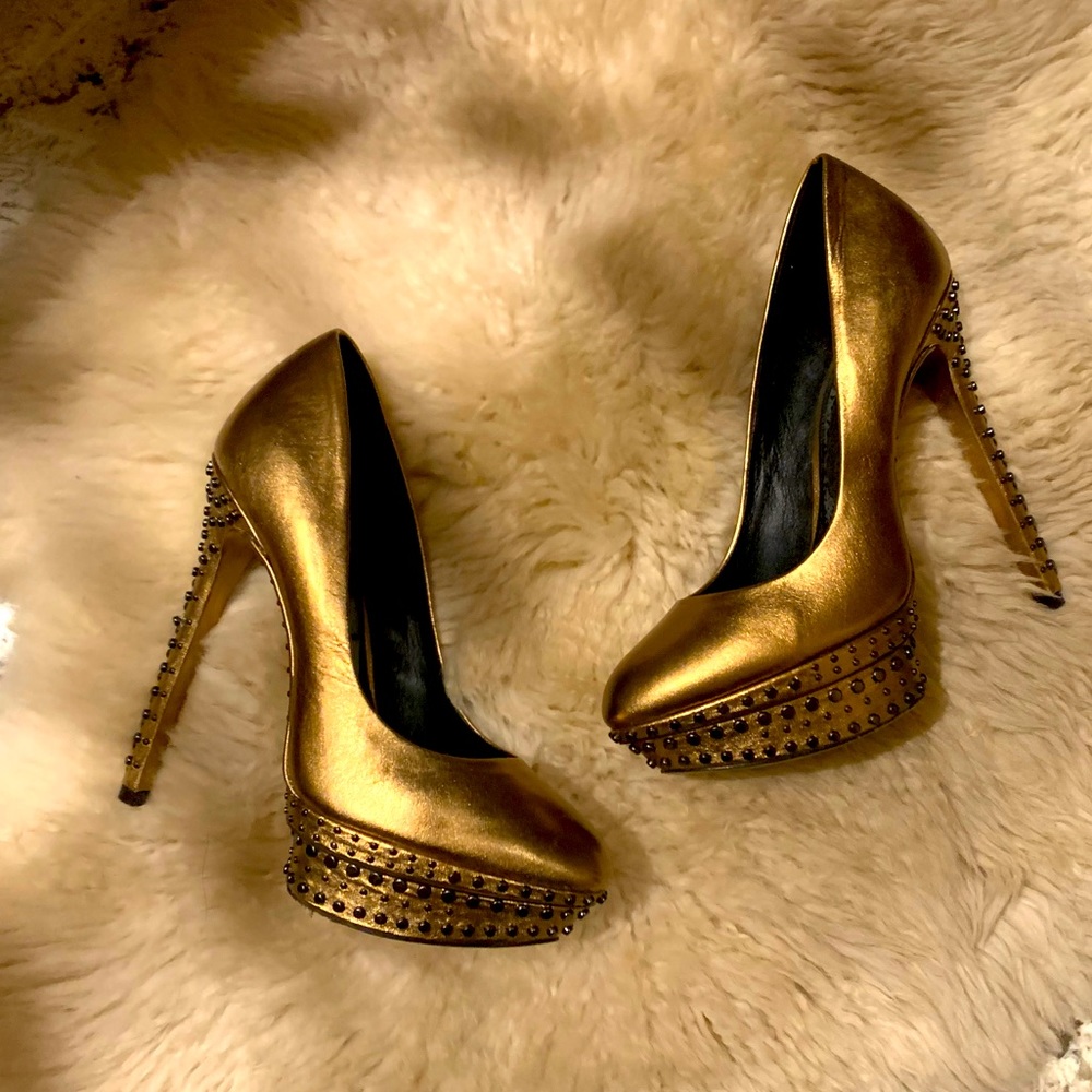 Brian Atwood Gold Studded high Heels - Good Condition. Run 1/2 size small.